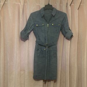 Sharagano Charcoal Belted Long Sleeve Dress